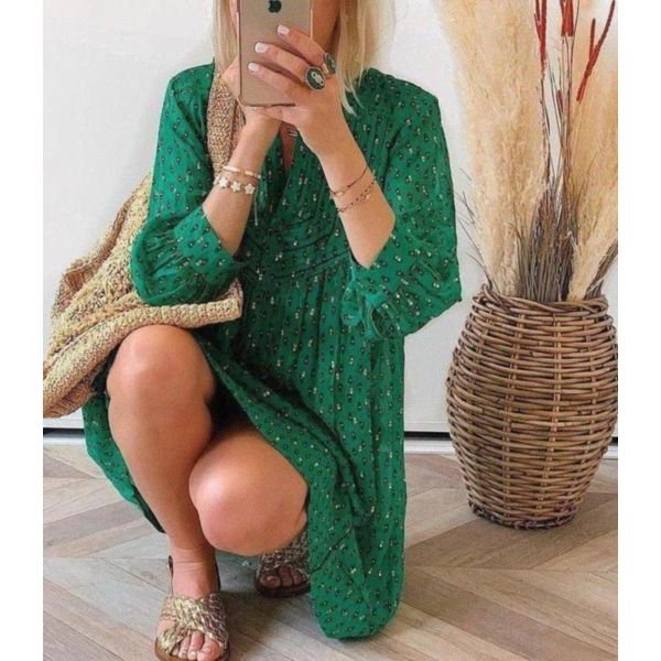 Build Me Up Babydoll Green Printed Dress