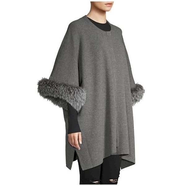 Cashmere Fox Fur Trim Cashmere Poncho Jacket